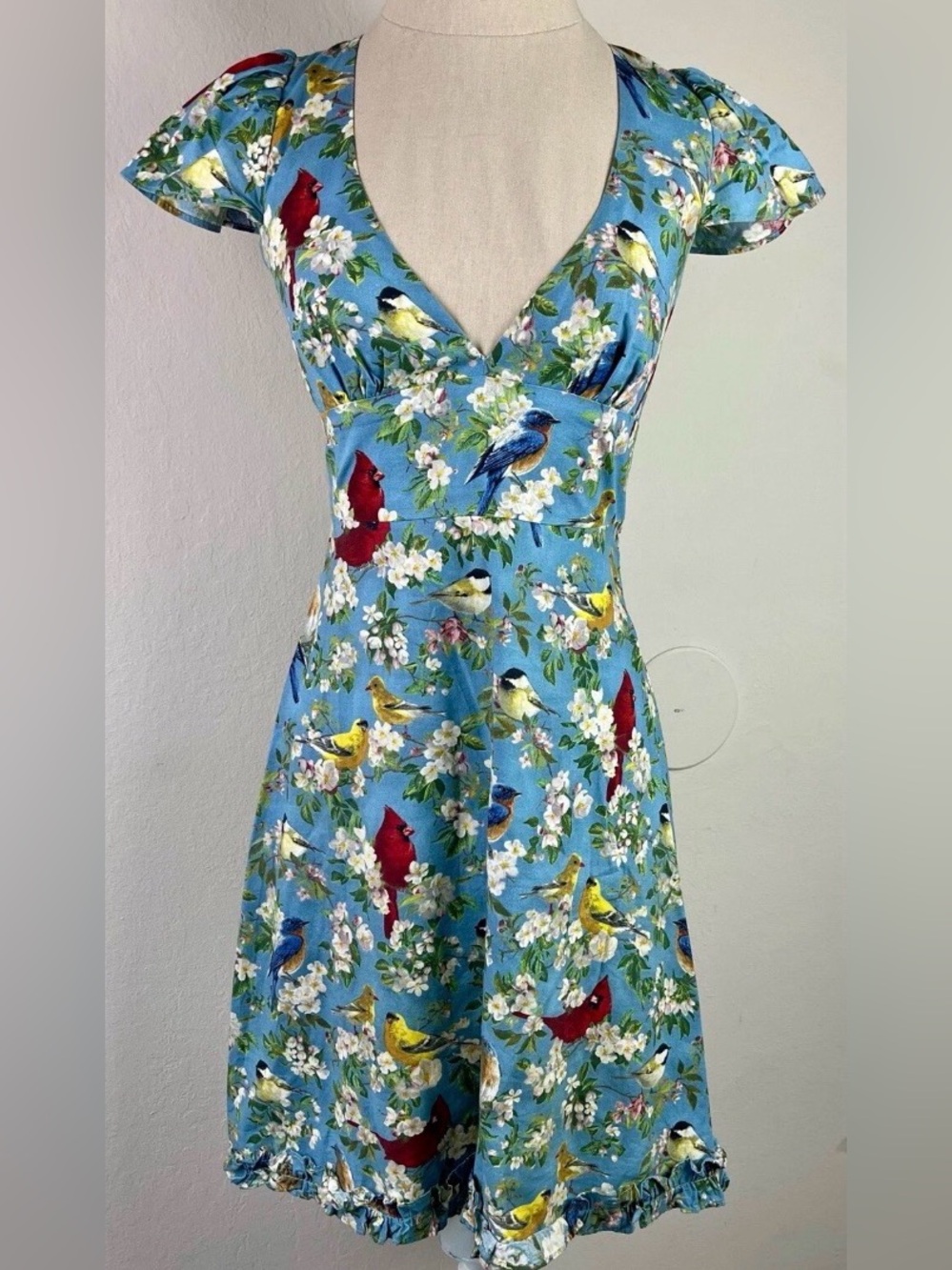 Get Cutie Co Blue Floral & Bird Print V-Neck Dress